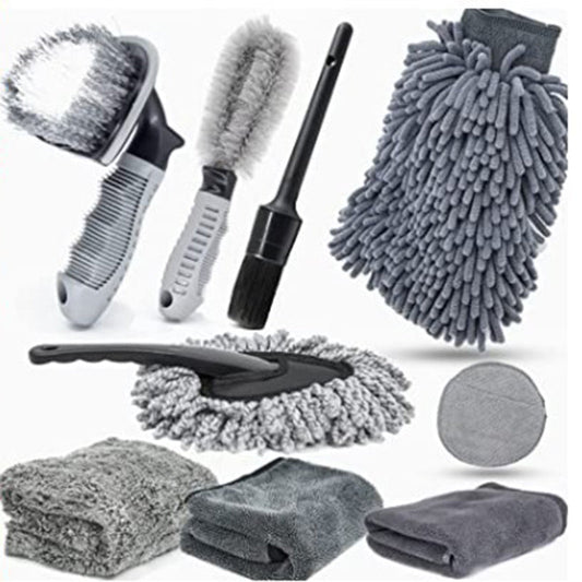 NNEDSZ Type B 9-Piece Car Wash Tool Kit - Tire & Wheel Brushes, Wash Mitt, Microfiber Towels, and Wax Sponge Set