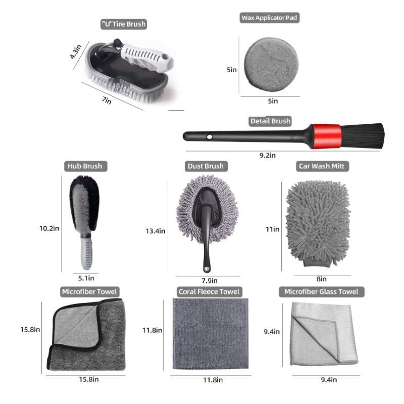 NNEDSZ Type B 9-Piece Car Wash Tool Kit - Tire & Wheel Brushes, Wash Mitt, Microfiber Towels, and Wax Sponge Set
