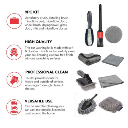 NNEDSZ Type B 9-Piece Car Wash Tool Kit - Tire & Wheel Brushes, Wash Mitt, Microfiber Towels, and Wax Sponge Set